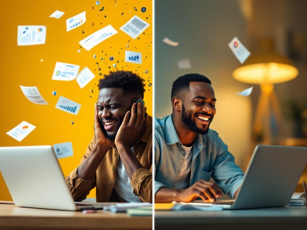 A man smiling while working on his laptop